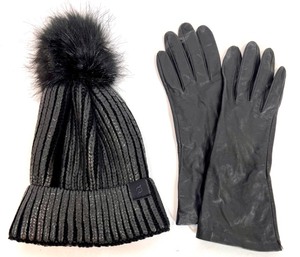 lot 76 image: Peloton Knit Beanie with Fur Pom and Nordstrom Leather Gloves