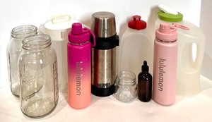 lot 91 image: Collection of Assorted Drinkware Including Lululemon Bottles, Thermos, and Glass Jars
