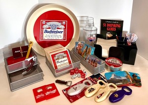 lot 120 image: Extensive Bar Accessories and Game Set with Vintage Budweiser Collectibles