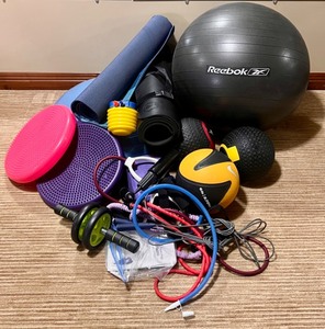 lot 131 image: Comprehensive Fitness Equipment Set Including Stability Ball and Resistance Bands