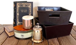 lot 132 image: Set of 2 Faux Leather Storage Boxes, Candles, and Decorative Book Boxes