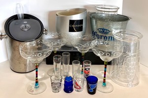 lot 145 image: Barware Collection with Ice Bins, Margarita Glasses, and More