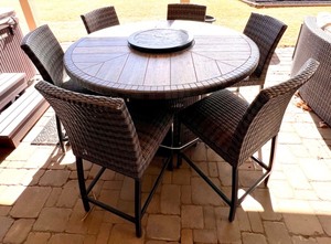 lot 148 image: Outdoor Wicker Patio Dining Set with Fire Pit Table and 6 Chairs