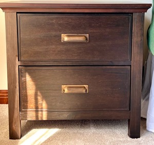 lot 300 image: Dark Wood Two-Drawer Nightstand with Brass Handles
