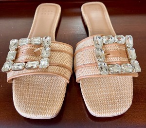 lot 318 image: Womens Size 8.5 Beige Straw Slide Sandals with Rhinestone Buckle by A New Day