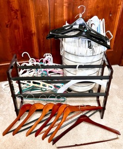 lot 337C image: Collection of Assorted Clothes Hangers and Wooden Shoe Rack