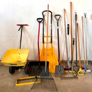 lot 407 image: Collection of Outdoor Maintenance Tools Including Rakes, Shovels, and Brooms