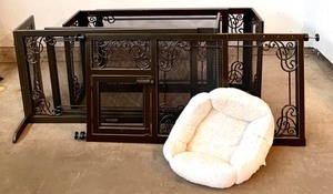lot 408 image: Frontgate Metal Mesh Pet Barrier with Gate and Pet Bed