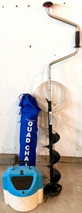 lot 412 image: Ice Fishing Set with Auger, Insulated Carrier, and Chair