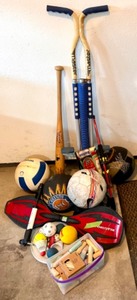 lot 419 image: Collection of Sports Equipment Including Ripstik, Pogo Stick, Balls, and Chalk