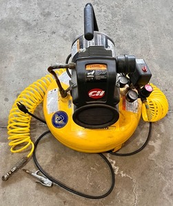lot 440 image: Campbell Hausfeld 2HP Peak Pancake Air Compressor with Gauge and Hose