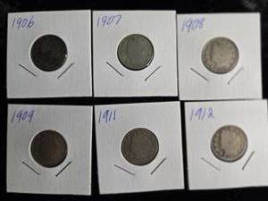 lot 25 image: 6 Different Liberty Nickels  1906,1907,1908,1909,1911,1912