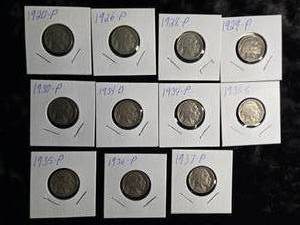 lot 26 image: 11 Different Buffalo Nickels  1920-P, 1926-P, 1928-P,1929-P, 1930-P, 1934-D, 1934-P, 1935-P,1935-S, 1936-P,1937-P
