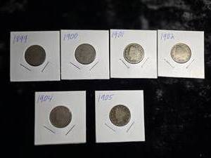 lot 24 image: 6 Different Liberty Nickels  1899,1900,1901,1902,1904,1905