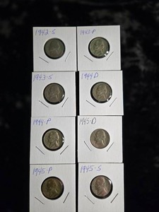 lot 28 image: SILVER WAR NICKELS (8)  1942-S, 1943-P, 1943-S, 1944-P, 1944-D, 1945-P, 1945-D,1945-S