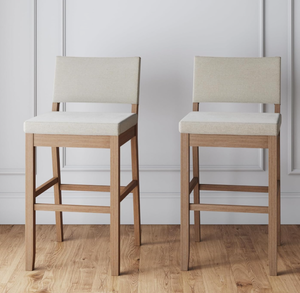 lot 441 image: Nathan James Linus Modern Upholstered Bar Stool with Back and Solid Rubberwood Legs in a Wire-Brushed Light Brown Finish, Natural FlaxLight Brown, Set of 2, Measures 41 x 20 x  18
