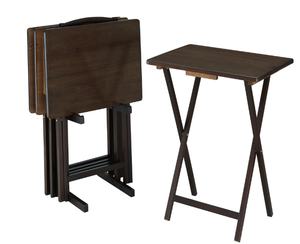 lot 506 image: Mainstays Indoor Folding Table Set of 4 in Walnut L19 x W15 x H26 inches. 4 Tables1 Rack Stand.