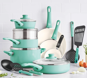 lot 698 image: Green Life Soft Grip 16-Piece Cookware Set, Turquoise