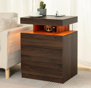 lot 359 image: HOMMPA LED Nightstand with Wireless Charging Station & USB Ports, 3 Drawer Night Stand with LED Light