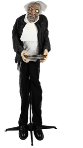 lot 366 image: Haunted Hill Farm Northlight Motion A Countivated Lighted Standing Man Holding a Tray Animated Halloween Decoration with Sound, 5.5, Gray