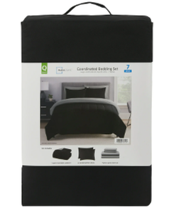 lot 705 image: Mainstays 7 Piece Reversible Bed in a Bag Comforter Set with Sheets, Black, Full