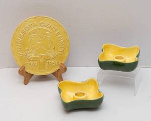 lot 45 image: Vintage Red Wing Potteries Minnesota Centennial Trivet & Candle Holders
