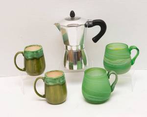lot 99 image: Four Coffee Cups and New Italian Coffee Maker