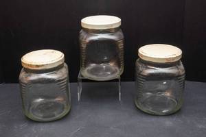 lot 124 image: Three Vintage Hoosier Cabinet-Style Glass Square Storage Jars