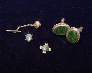 lot 136 image: Vintage Green Stone Cuff Links, Lapel Pin and Tie Tack