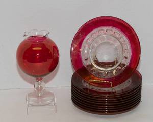 lot 195 image: Ruby Red Thumbprint Salad Plates - Set of Ten and Ruffled Rim Ruby Red Glass Ball Vase