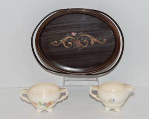 lot 199 image: 1930s Dessert Tea Coffee Oval Basket and Crown Potteries Co. Creamer and Sugar Bowl