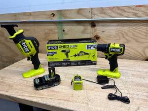 lot 80 image: RYOBI ONE HP 18V Brushless Cordless Compact 2-Tool Combo Kit with DrillDriver, One-Handed Recip Saw, 2 Ah Battery, & Charger