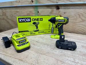 lot 84 image: RYOBI ONE 18V Cordless 14 in. Impact DrillDriver Kit with (1) 1.5 Ah Batteries and Charger