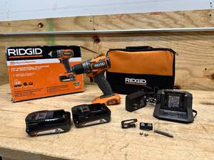 lot 87 image: RIDGID 18V SubCompact Brushless Cordless 12 in. DrillDriver Kit with (2) 2.0 Ah Batteries, Charger, and Tool Bag