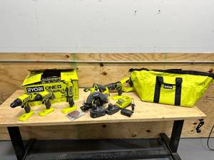 lot 120 image: RYOBI ONE 18V Cordless 6-Tool Combo Kit with 1.5 Ah Battery, 4.0 Ah Battery, and Charger