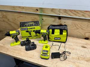 lot 127 image: RYOBI ONE 18V Cordless 2-Tool Combo Kit with DrillDriver, Impact Driver, (2) 1.5 Ah Batteries, and Charger