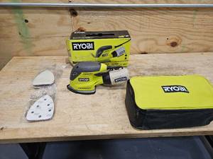 lot 34 image: RYOBI 1.2 Amp Corded 5.5 in. Corner Cat Sander with Dust Bag, Sample Sandpaper, and Storage Case