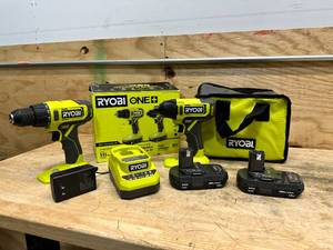 lot 194 image: RYOBI ONE 18V Cordless 2-Tool Combo Kit with DrillDriver, Impact Driver, (2) 1.5 Ah Batteries, and Charger