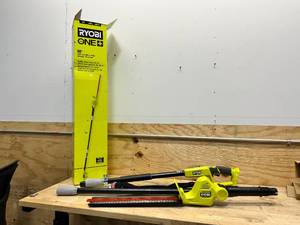 lot 212 image: RYOBI ONE 18V 18in. Cordless Battery Pole Hedge Trimmer (Tool Only)
