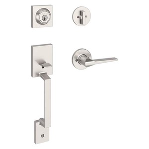lot 10 image: Kwikset Amador Satin Nickel Entry Door Handleset with Round Rose Hollis Handle Featuring SmartKey Security