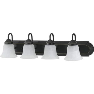lot 48 image: Progress Lighting Solvang 30 in. 4-Light Antique Bronze Vanity Light with Etched Alabaster Glass Shades