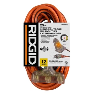 lot 154 image: RIDGID 25 ft. 123 Heavy Duty IndoorOutdoor Extension Cord with Tritap Lighted End, OrangeGrey