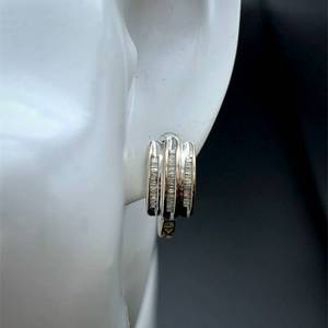 lot 10B image: Sleek 14K White Gold Diamond Huggies Earrings, Triple Baguette Row  Bold Look, No Reserve