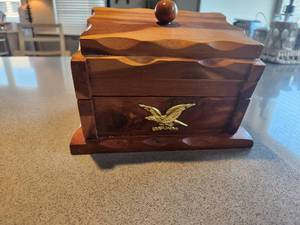 lot 69 image: Wooden Recipe Box with Brass Eagle