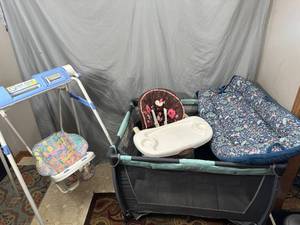lot 41 image: Assorted Baby Items, Pack and Play, Cosco Swing, High Chair, Etc