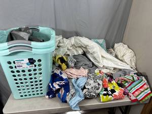lot 97 image: 2 Laundry Hampers, Sheets, Towels, Curtains, and More