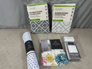 lot 104 image: New Shower Curtain, Hooks, Tub Mat, Ironing Board Covers