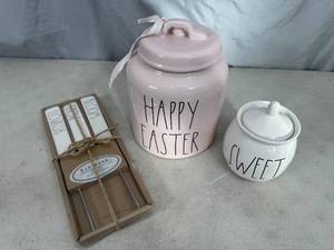 lot 128 image: Rae Dunn Cookie Jar, Plant Markers, Sugar Jar