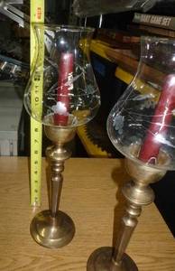 lot 51 image: Large 15 inch tall Brass candlesticks with etched glass