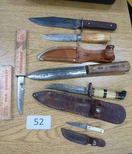 lot 52 image: Group of old knives some with leather sheath